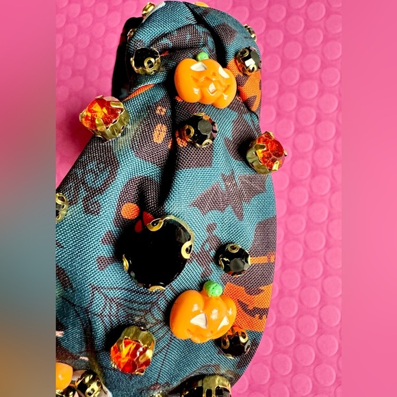 New Halloween Blue w/ Rhinestones Pumpkin Bat Fabric Adult Size Knotted Headband - Picture 7 of 9